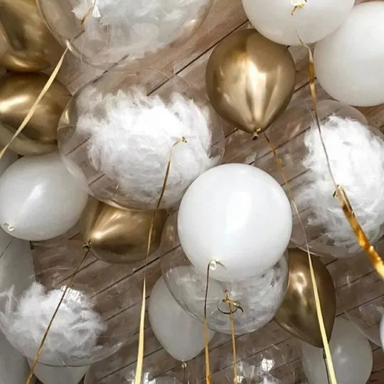 Шары Хром 30 шт и 5 баблс с перьями