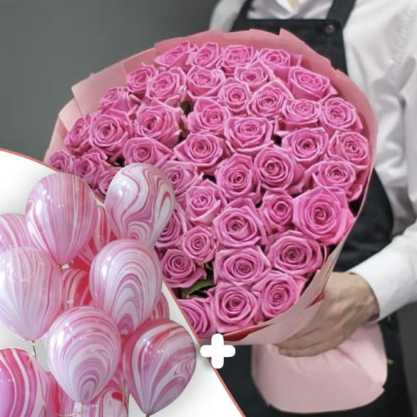 15 шаров "Агаты розовые" + 51 розовые розы