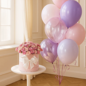 Шляпная коробка с кустовыми розами и шарами