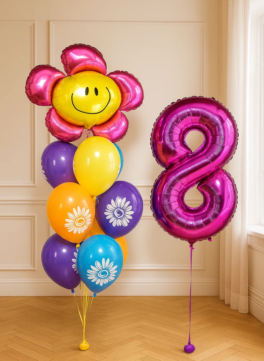 Фонтан из шаров «Ромашка яркая с цифрой» Фонтан из шаров «Ромашка яркая с цифрой»