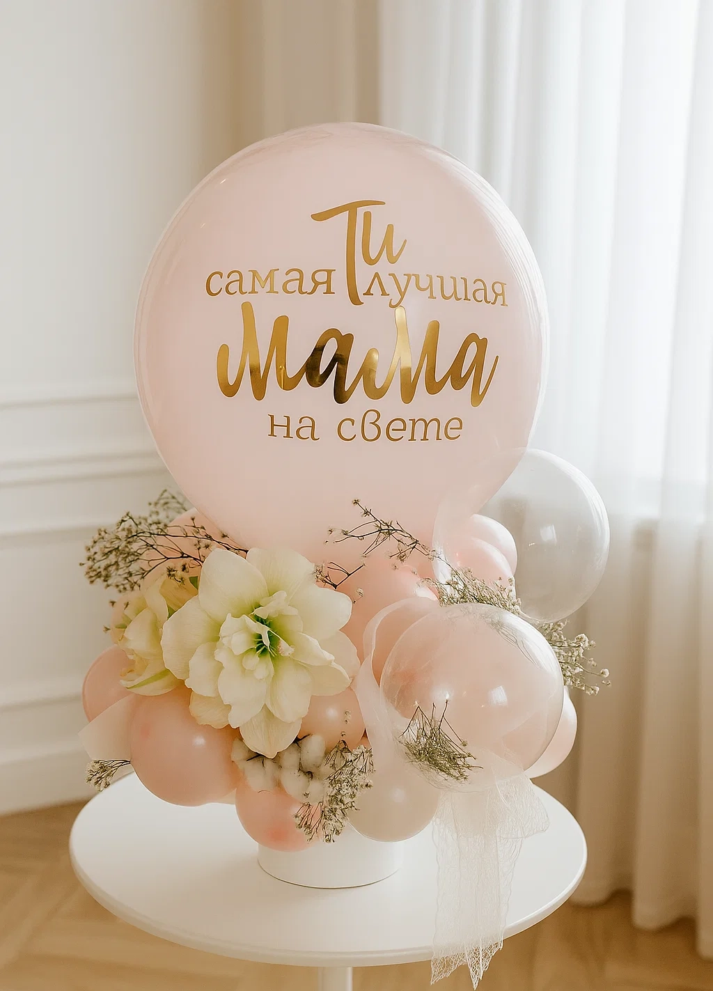 Композиция из шаров и цветов «Любимой маме» Композиция из шаров и цветов «Любимой маме»